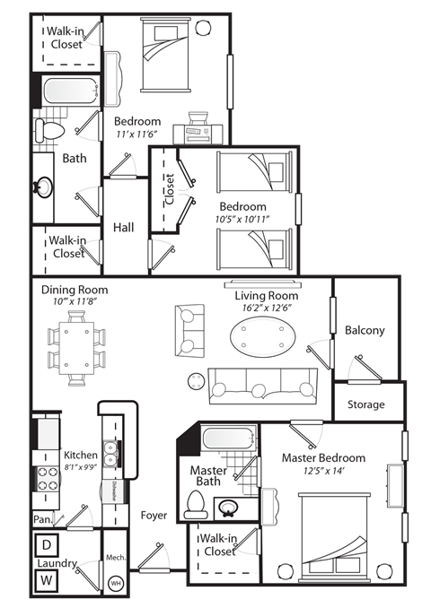 Floor plan for 3 beds, 2 baths, 1350 sqft